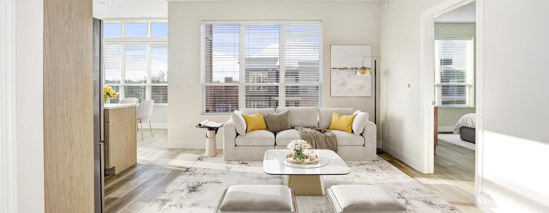 a living room with a couch and a table